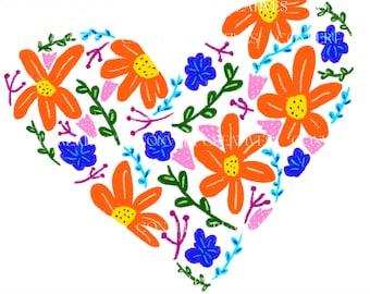 Bright heart floral Digital PNG commercial use floral summer colorful PNG design high resolution floral design heart png hand-drawn