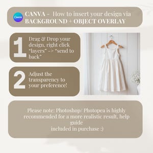 May include: A graphic with instructions on how to insert a design into a background image using Canva. The instructions are numbered 1 and 2. The graphic also includes the text "CANVA - How to insert your design via BACKGROUND + OBJECT OVERLAY".
