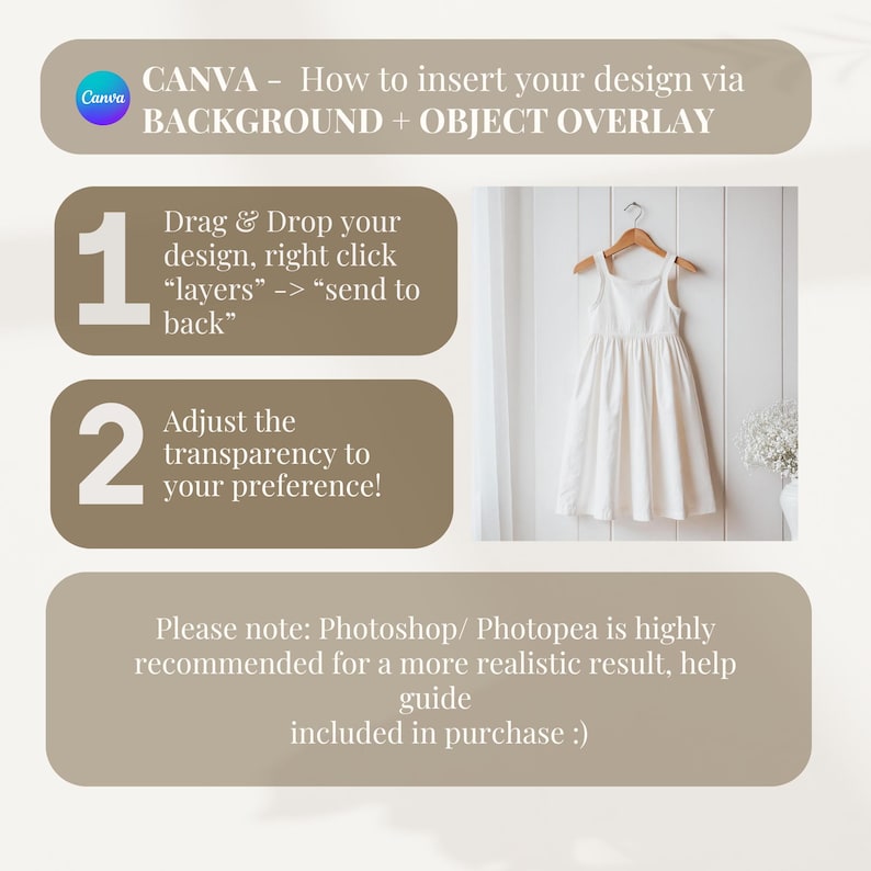 May include: A graphic with instructions on how to insert a design into a background image using Canva. The instructions are numbered 1 and 2. The graphic also includes the text "CANVA - How to insert your design via BACKGROUND + OBJECT OVERLAY".