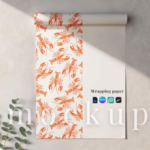 May include: A roll of white wrapping paper featuring a repeating pattern of orange lobsters. The text "Wrapping paper" is displayed in black, along with the logos for Photoshop, Canva, and Procreate.