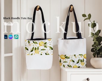 Black handle AOP Tote Bag Mockup elegant front and back tote Canva Printify Black Tote set of 2 template bag PSD smart png black handle tote
