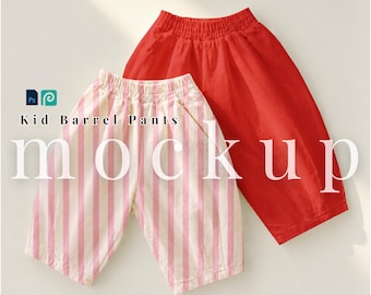 Kid Barrel Pants PSD flatlay two kid pants Photopea children pants mockup styled kids barrel pants PSD white pants template surface pattern