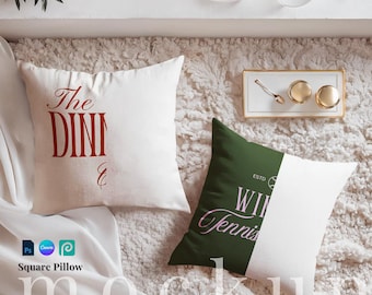 White Square pillow set of 2 flatlay cozy cushion drag and drop elegant pillow canva template two pillow PSD smart object cozy cushion png