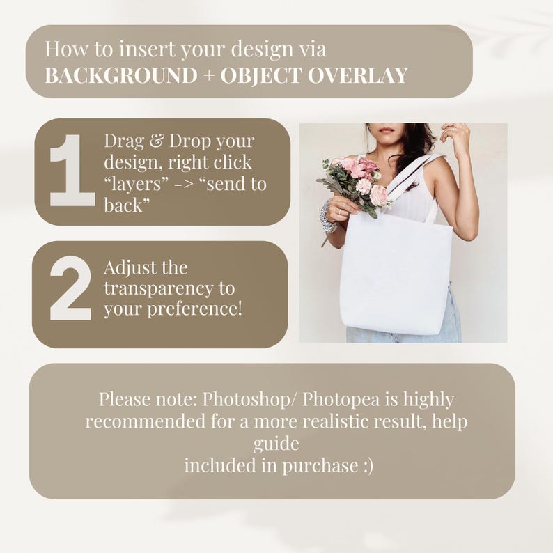 May include: Instructions on how to insert a design into a background image using Photoshop or Photopea. The steps involve dragging and dropping the design, right-clicking the layers, and sending the design to the back. The image shows a white tote bag with a bouquet of pink flowers.