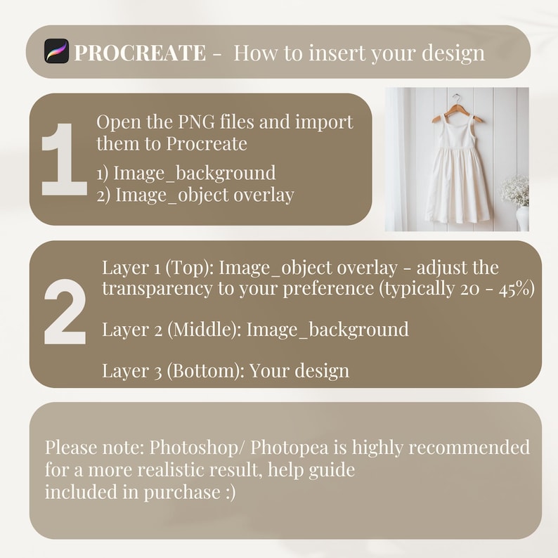 May include: A step-by-step guide on how to insert a design into a digital illustration using the Procreate app. The guide shows how to import PNG files, layer them, and adjust the transparency of the overlay.