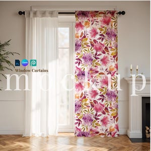 Könnte beinhalten: Zwei durchsichtige weiße Vorhänge mit einem floralen Muster im Hintergrund. Der florale Vorhang hat einen weißen Hintergrund mit rosa, lila und gelben Blumen.