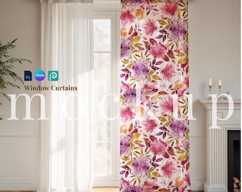 Window curtain mockup drag and drop sheer curtain canva template white curtain PSD smart object digital curtain png surface pattern PSD