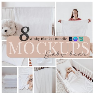 以下が含まれることがあります： さまざまなモックアップで、8枚の白いミンクィーベビーブランケットのセット。モックアップは、ベビーベッド、折り畳み、人が持っているブランケットを示しています。画像には、「8 Minky Blanket Bundle Mockups Baby Bear」というテキストが表示されています。