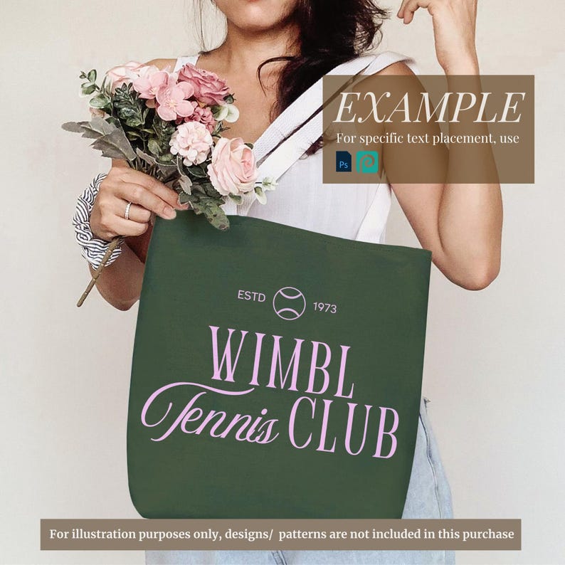 May include: A green tote bag with a white tennis ball graphic and the text "ESTD 1973 WIMBL Tennis CLUB" in pink lettering.