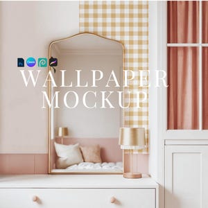 May include: A gold-framed mirror hangs above a white dresser with pink knobs. The mirror reflects a bed with pillows and a gold lamp. The wall features a yellow and white checkered wallpaper and the text "WALLPAPER MOCKUP".