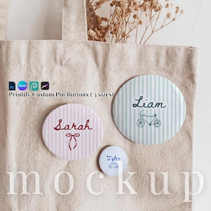 May include: Three circular pin buttons in varying sizes featuring vertical stripes and personalized text. One pink button displays the name Sarah with a bow, a teal button shows the name Liam with a bicycle, and a small blue button features the name Tyler with a car.