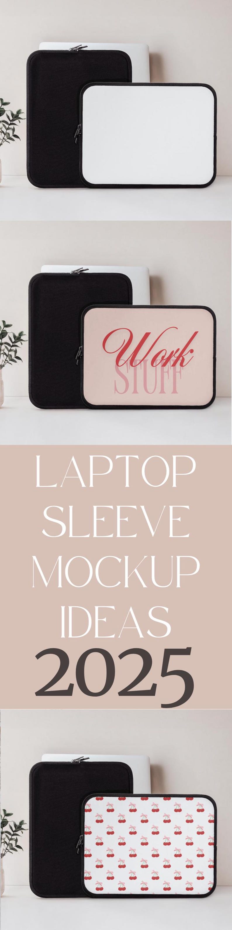May include: Three laptop sleeves with different designs. The first sleeve is black with a white laptop sleeve inside. The second sleeve is black with a pink laptop sleeve inside that says "Work Stuff". The third sleeve is black with a white laptop sleeve inside that has a repeating pattern of red cherries with pink bows.