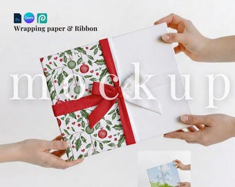 Trendy wrapping paper mockup present wrapper PSD template elegant Photopea modern wrapping paper Canva gift paper Canva template