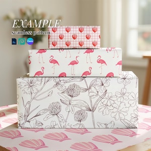 May include: Three stacked gift boxes wrapped in patterned paper. The top box features a strawberry design on a pink gingham background. The middle box has pink flamingo illustrations. The bottom box displays a floral pattern. The text "EXAMPLE seamless pattern" is visible.
