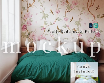 Wallpaper and Bedding mockup PSD template Wallpaper rustic PSD template Bedding rustic Photopea Wall Procreate bedroom bedding mockup