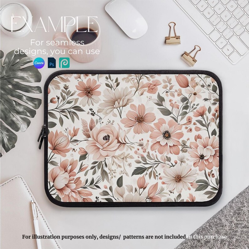May include: A laptop sleeve with a floral pattern featuring pink and white flowers on a white background. The sleeve has a zipper closure and a black border.