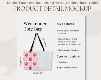 Printify weekender tote bag product listing mockup black handle weekender bag size feature list weekender bag care tips editable canva png