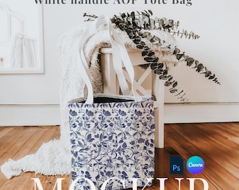 Printify white handle AOP Tote Bag Mockup drag and drop White Tote canva template wedding tote bag PSD smart object elegant tote mockup