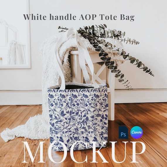 Printify white handle AOP Tote Bag Mockup drag and drop White Tote canva template wedding tote bag PSD smart object elegant tote mockup