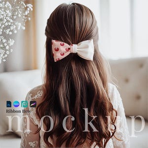 Cotton white bow mockup PSD fabric bow on girl hair Procreate surface pattern mockup girl bow Canva template digital girl bow AOP design png