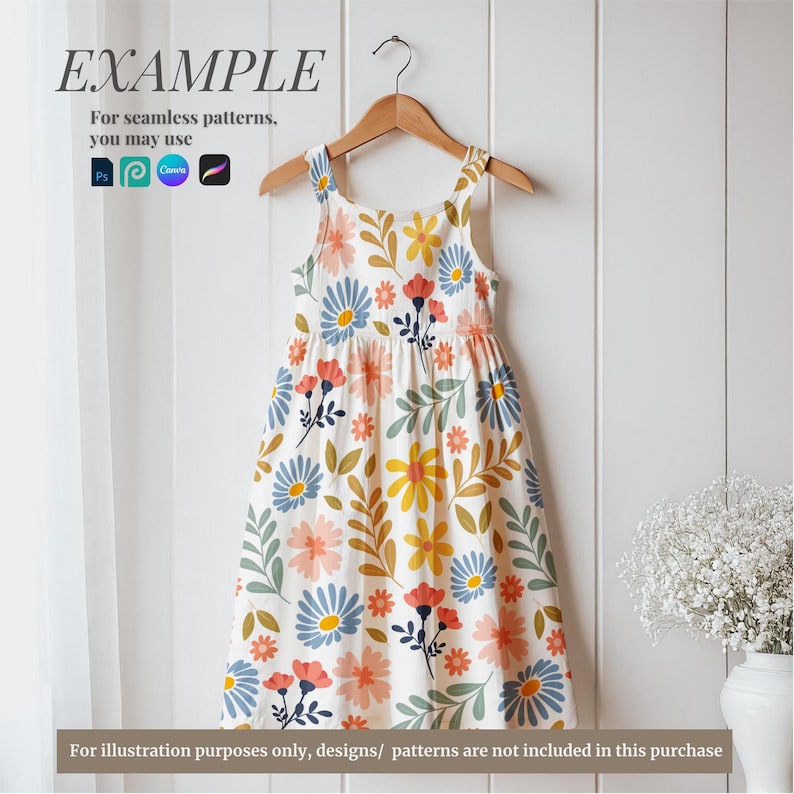 May include: A white sleeveless dress with a floral pattern featuring blue, yellow, pink, and green flowers. The dress has a gathered skirt and a fitted bodice. The dress is hanging on a wooden hanger against a white wood background.
