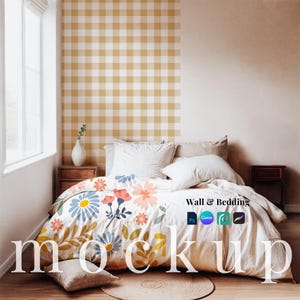 May include: A bedroom mockup featuring a bed with a floral patterned duvet cover in shades of blue, pink, and yellow. The wall has a yellow and white checkered pattern. The text "mockup" is displayed at the bottom of the image.