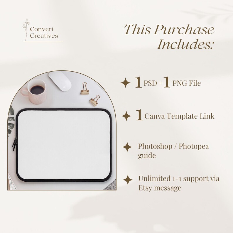 May include: A white laptop sleeve with a black zipper and trim. The image includes text that says "This Purchase Includes:" and lists the following items: 1 PSD + 1 PNG File, 1 Canva Template Link, Photoshop / Photopea guide, Unlimited 1-1 support via Etsy message.