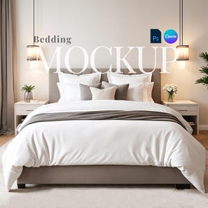 May include: White bedding mockup on a bed with a gray headboard. The bed is in a modern bedroom with white walls and a light wood floor. There are two lamps hanging from the ceiling above the bed.
