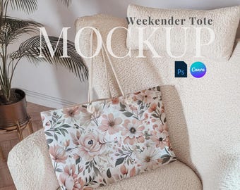 Print purzeln Tasche Wochenendtasche Mockup ziehen und ablegen Weekender Tasche Indoor Canvas Vorlage elegante Tragetasche PSD Smart-Objekt personalisierte Tasche digital