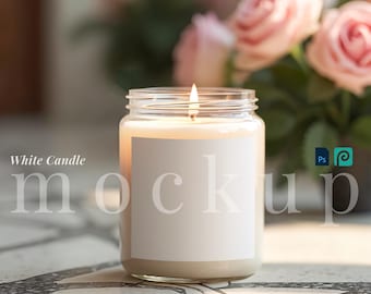 Soja witte kaars kerk mockup PSD bruiloft 9oz kaars label mockup witte kaars Photopea bloemen geloof kaars png digitale witte kaars PSD