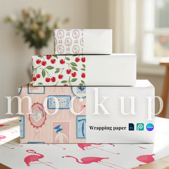 Stacked wrapping paper mockup present wrapper PSD template elegant Photopea classic theme wrapping paper for surface pattern digital mockup