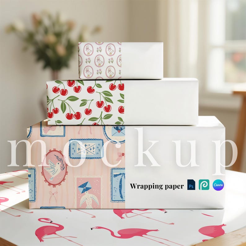 May include: A stack of wrapped gift boxes with various patterned papers. Designs include cherries, postage stamps, and a repeating floral pattern. The text "Wrapping paper" is visible on the front of the bottom box.