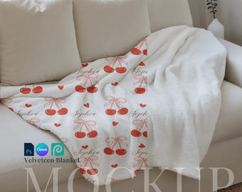 Velveteen blanket couch mockup drag and drop elegant blanket canva template sofa blanket PSD cozy plush blanket overlay minky blanket PSD