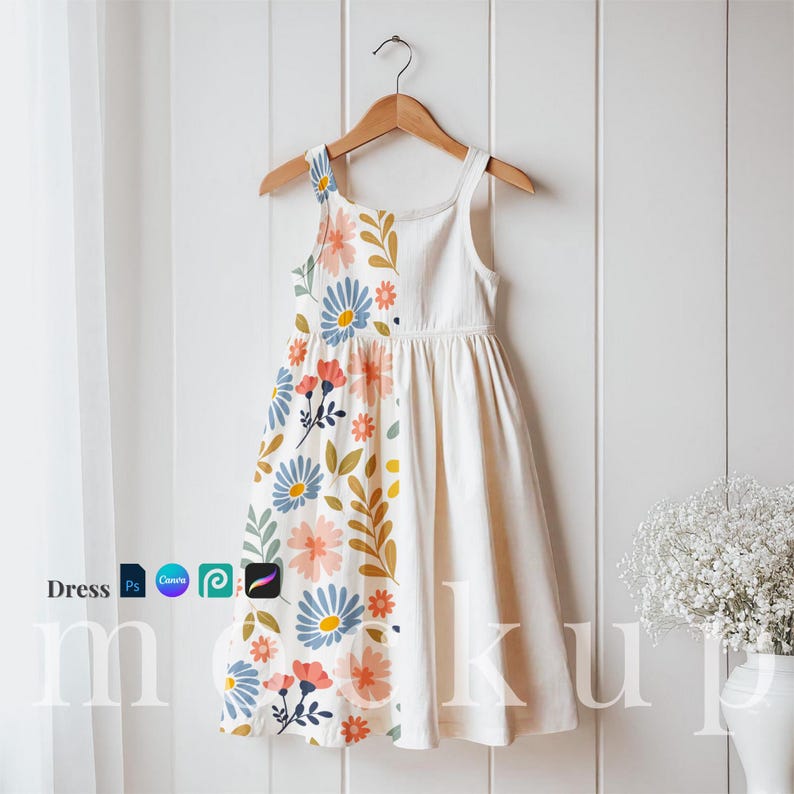 May include: A white sleeveless dress with a floral print on the left side. The dress has a gathered skirt and a simple neckline.