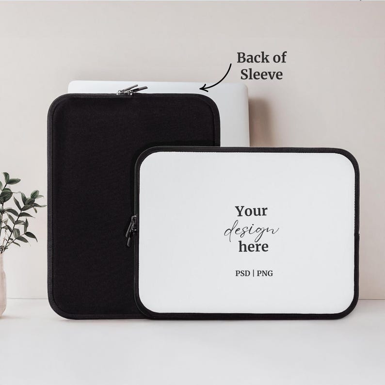 May include: White laptop sleeve with a black zipper and the text "Your design here PSD | PNG" on the front. The back of the sleeve is black.