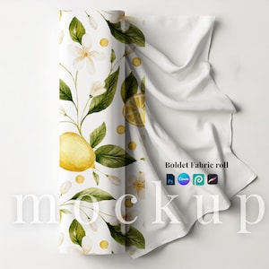 May include: A roll of white fabric with a watercolor lemon and floral design. The fabric features yellow lemons, white flowers, green leaves, and the text "Boldet Fabric roll".