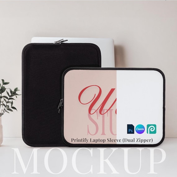Printify laptop sleeve dual zipper mockup front and back drag and drop canva tablet sleeve PSD smart object laptop cover against the wall