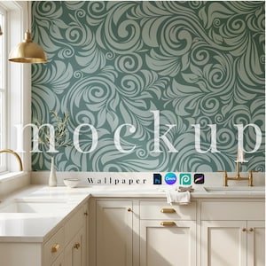 May include: A kitchen mockup featuring a teal and white floral wallpaper design. The word "mockup" is displayed in large white letters. The word "Wallpaper" is also visible. The kitchen has white cabinets and a white countertop.
