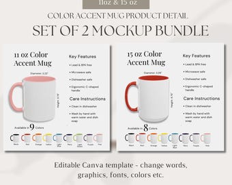 11 oz 15 oz Printify color accent mug product listing mockup color mug size feature list color mug care instructions editable canva png