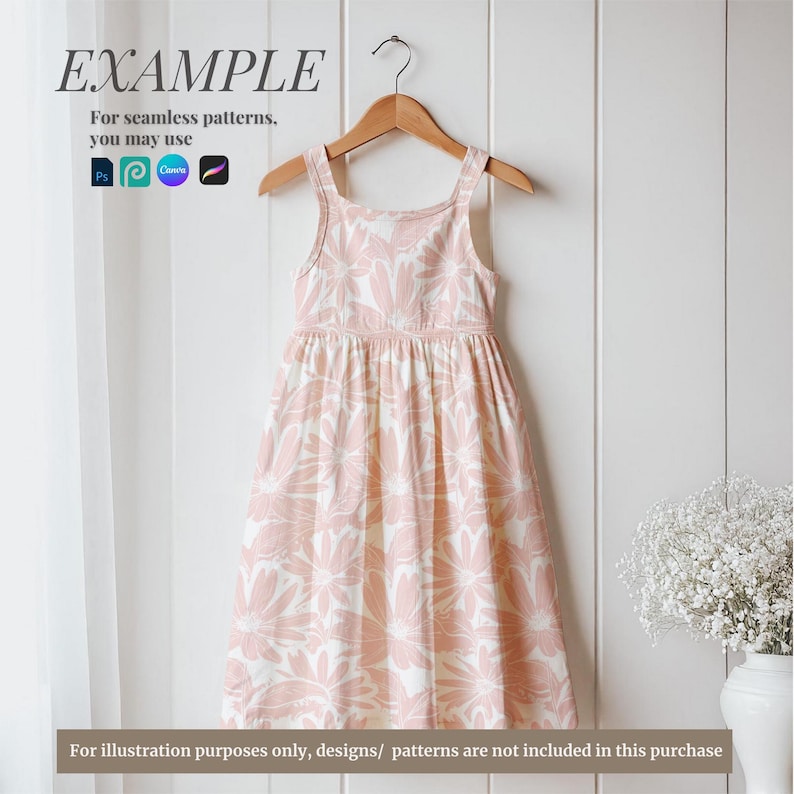 May include: A pink sleeveless dress with a floral pattern. The dress has a gathered skirt and a simple bodice. The dress is hanging on a wooden hanger against a white background.