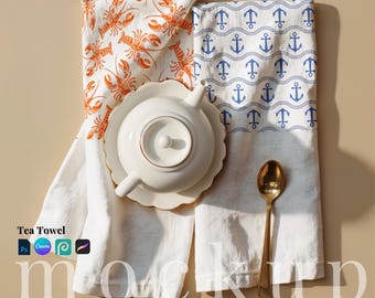 Tea towel flatlay mockup trendy canva set of 2 kitchen towel PSD template modern towel mockup tea towel Canva tea towel mockup digital towel