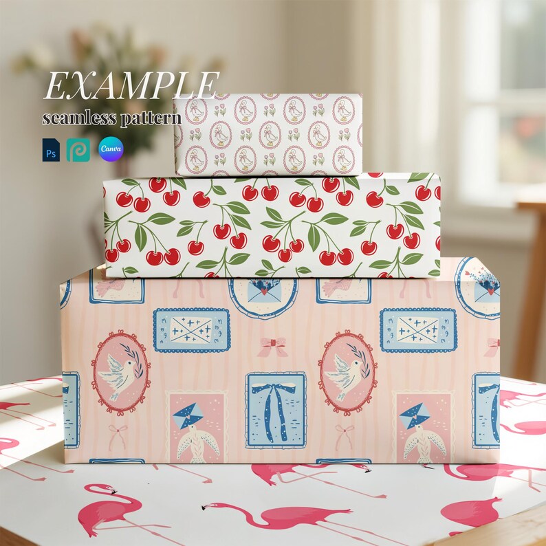 May include: Three gift boxes wrapped in patterned paper. The top box has a repeating pattern of a woman in a dress. The middle box has a cherry pattern. The bottom box has a postage stamp design with doves and bows. The text "EXAMPLE seamless pattern" is visible.