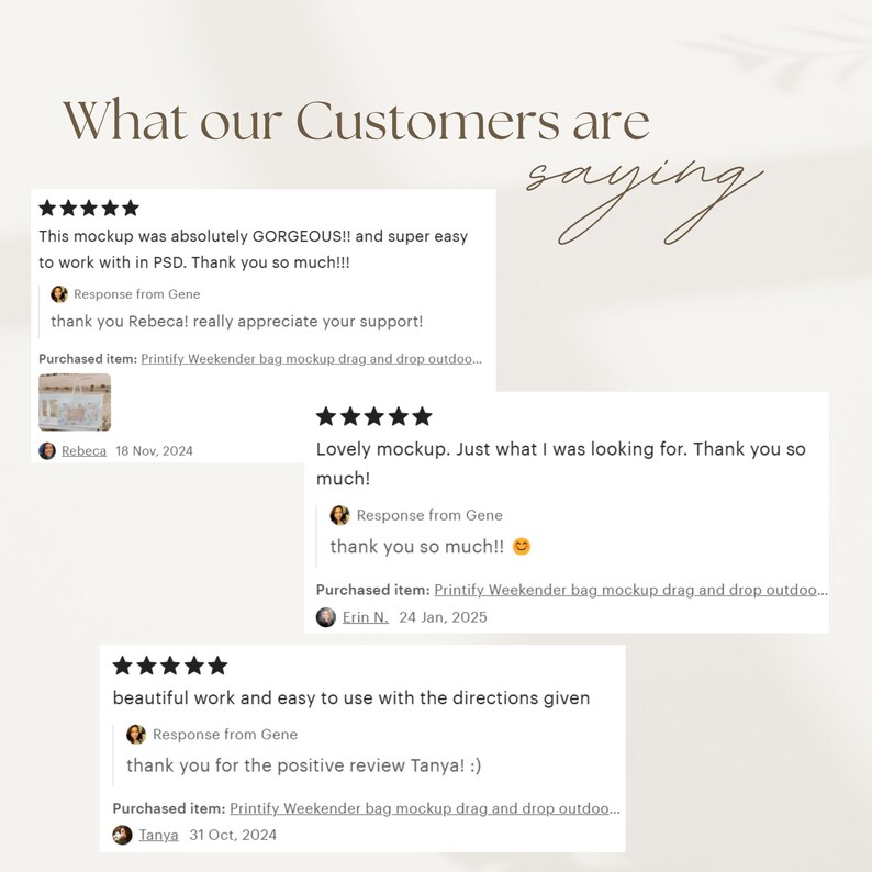 May include: Five-star reviews for a digital product. The reviews highlight the ease of use and the quality of the product. The product is a mockup for a weekender bag.