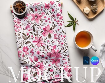 Kitchen towel mockup drag and drop towel canva template table linen PSD smart object tea towel on table mockup seamless pattern towel design