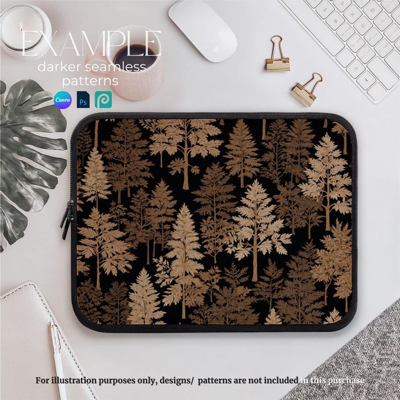 May include: A laptop sleeve with a black background and a repeating pattern of brown trees. The text "EXAMPLE darker seamless patterns" is at the top of the sleeve.
