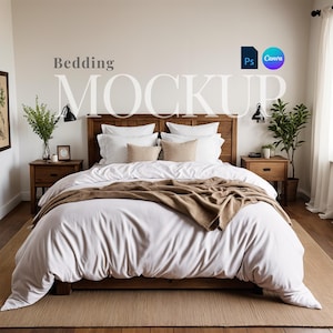 May include: White bedding mockup with a brown throw blanket on a bed with a wooden headboard. The bed is in a bedroom with a white wall and wooden nightstands.