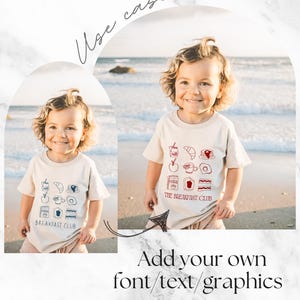 May include: Two children wearing white t-shirts with a breakfast food graphic and the text "The Breakfast Club". The children are standing on a beach.