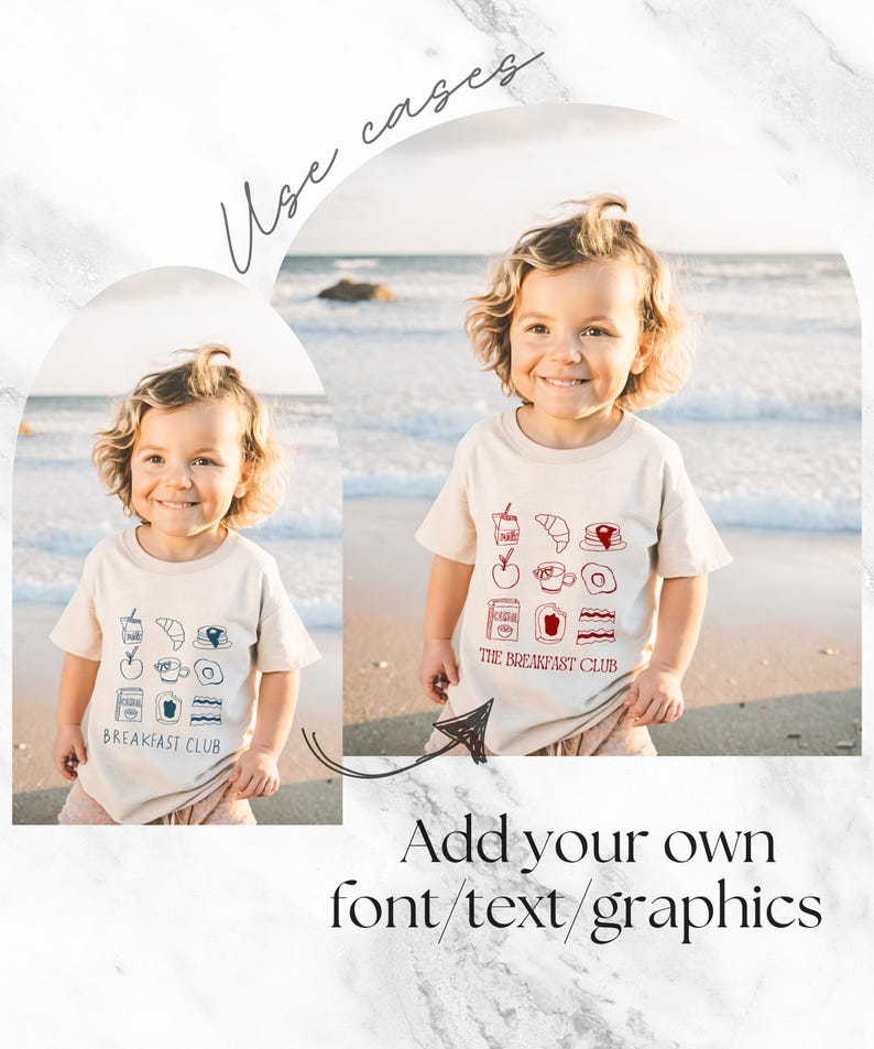 May include: Two children wearing white t-shirts with a breakfast food graphic and the text "The Breakfast Club". The children are standing on a beach.