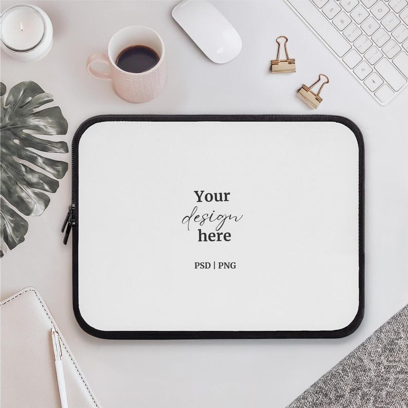 May include: White laptop sleeve with a black zipper and black trim. The sleeve has the text "Your design here" and "PSD | PNG" printed on it.