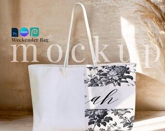 Weekender Bag mockup boho drag and drop Weekender tote Canva template minimal white weekender bag  PSD weekender elegant shadow display